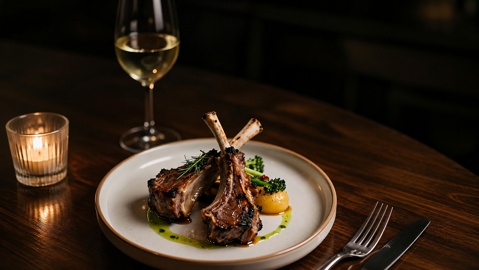 Côte d'agneau dressée, verre de vin blanc et bougie dans une salle de restaurant